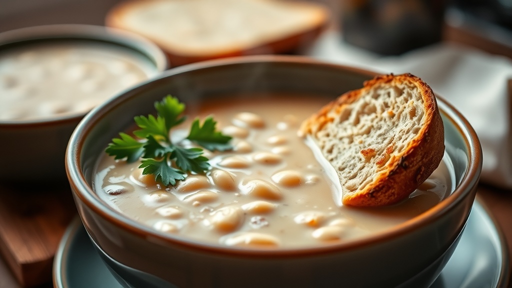 Creamy White Bean Soup Recipe A cozy bowl of creamy white bean soup with parsley garnish, served with bread.